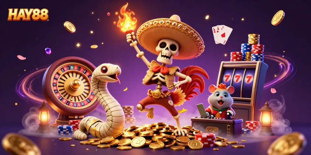 Join the festive HAY88 celebration with colorful characters and vibrant casino elements.