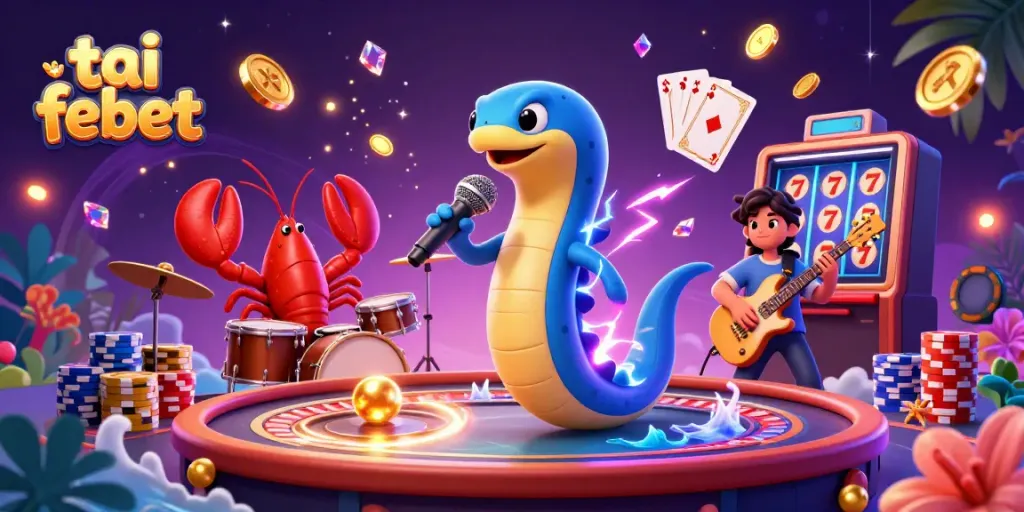 Experience winning thrills at tai febet with vibrant underwater casino scene, featuring a DJ electric eel and dynamic gameplay.