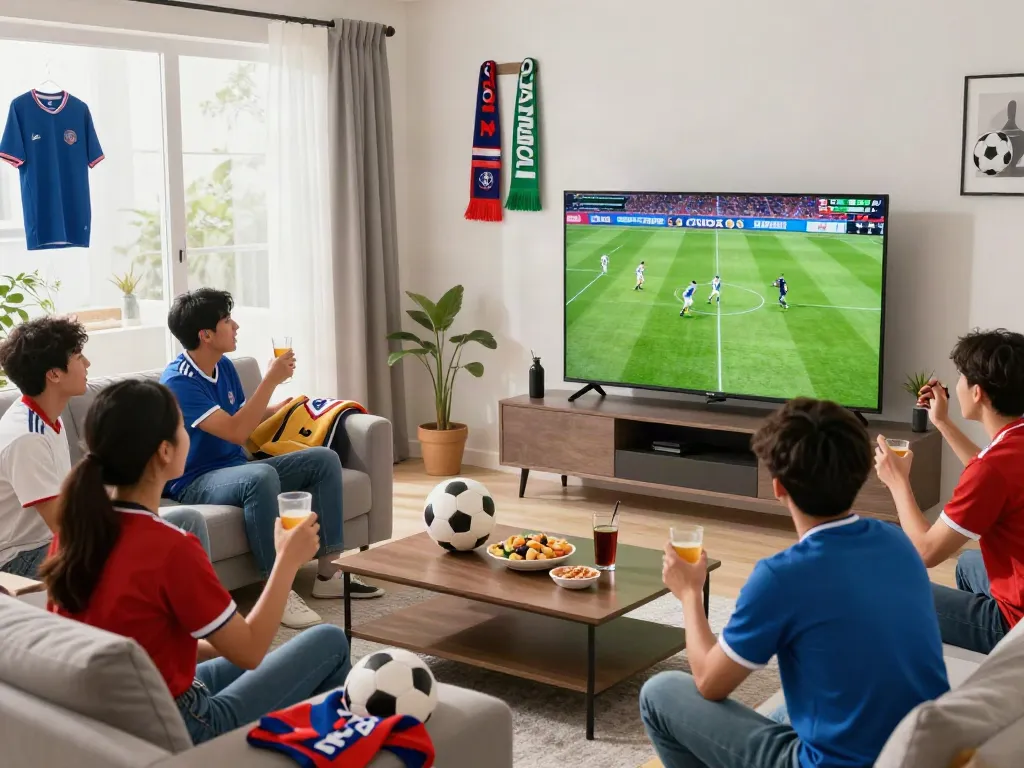 Excited fans watching Thapcamtv football match in a vibrant living room.