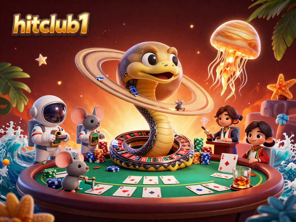 Place bets with hitclub1 in an imaginative cosmic casino scene featuring vibrant characters.