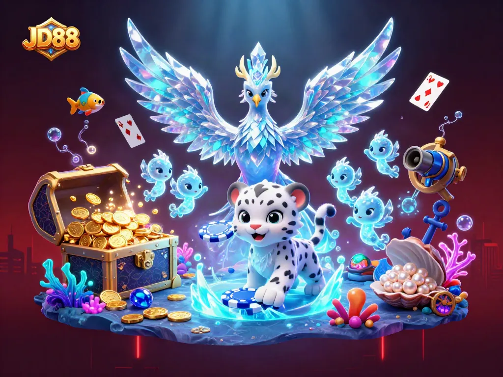 Experience JD88 with a vibrant illustration of an ice phoenix, snow leopard, and glowing sprites in a dynamic casino setting.