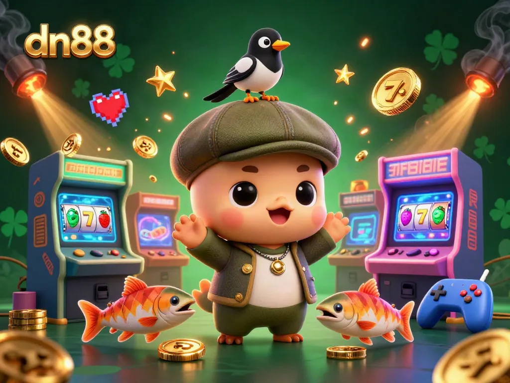 Experience thrilling gaming at dn88 with animated characters surrounded by vibrant gaming elements.