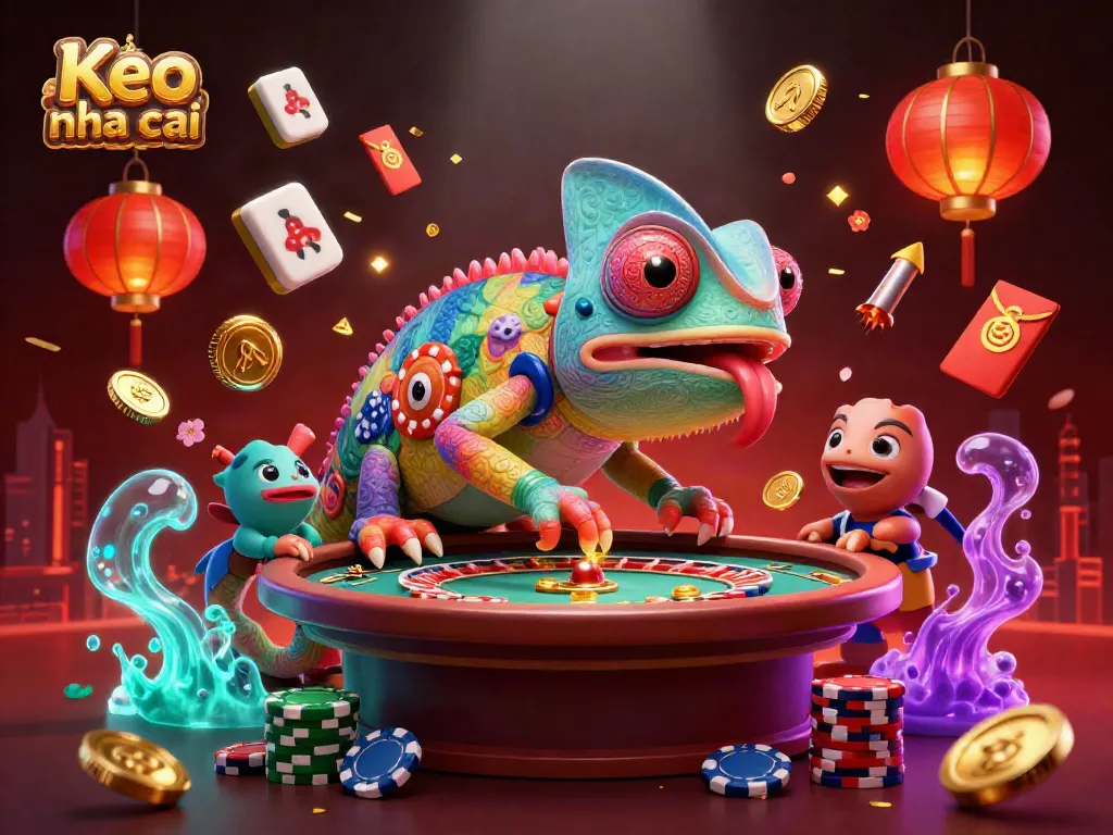 Experience the vibrant Keo nha cai scene with a chameleon casino owner and festive elements.