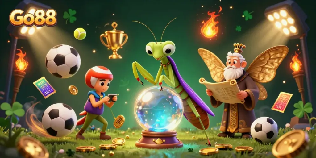 Experience the immersive world of Go88 with a vibrant scene of fortune tellers and dynamic sports elements.