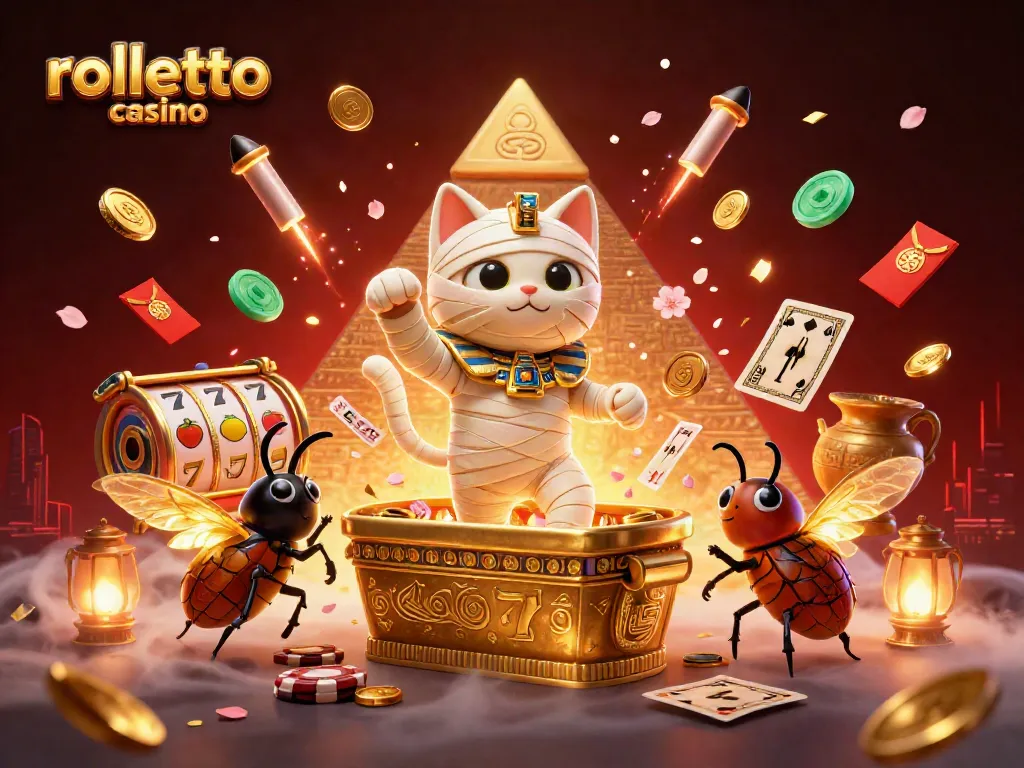Win big at Rolletto Casino with a vibrant Egyptian-themed gaming scene featuring a mummy cat and golden elements.