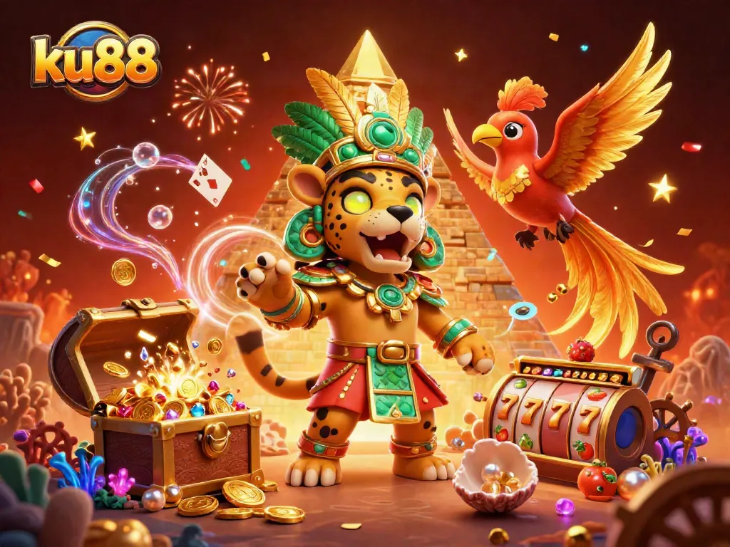 Experience legendary wins at ku88 with a vibrant 3D casino adventure illustration showcasing thrilling games.