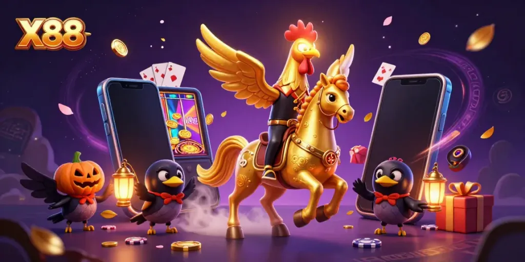 X88 casino adventure with a golden rooster and spectral horse amid dynamic gaming elements.