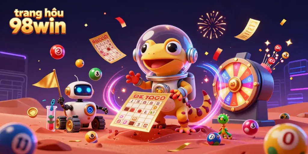 Experience excitement with a 3D Martian gecko at trang chủ 98win surrounded by vibrant casino elements.