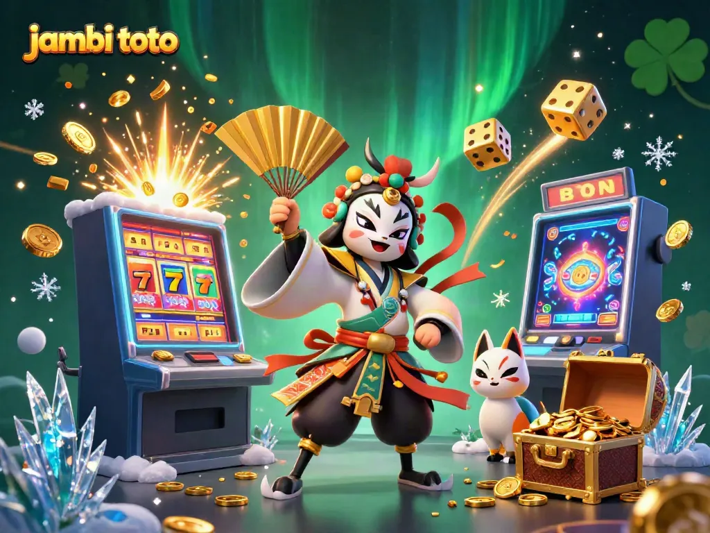 Join the thrill of jambi toto with a vibrant casino scene featuring a kabuki warrior, slots, and festive elements.