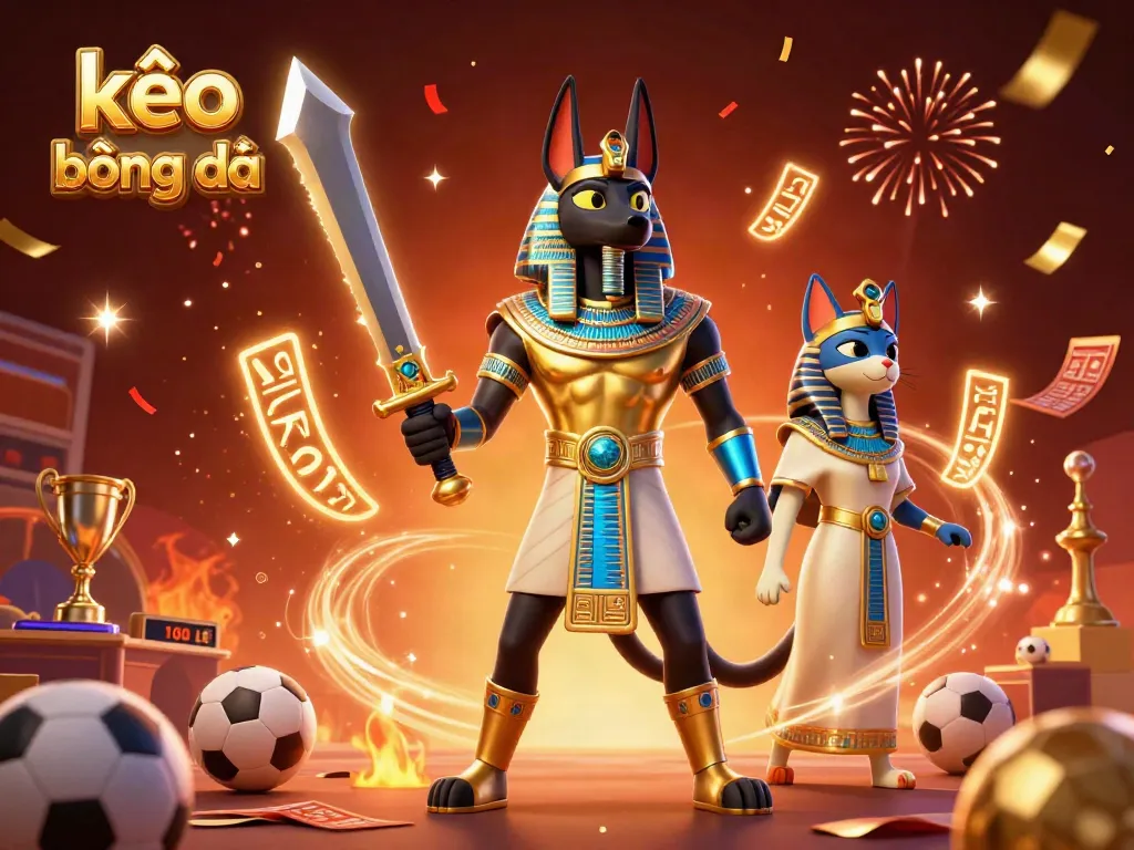 Experience kèo bóng đá with a vibrant scene featuring Anubis, Bastet, sports elements, and confetti celebration.