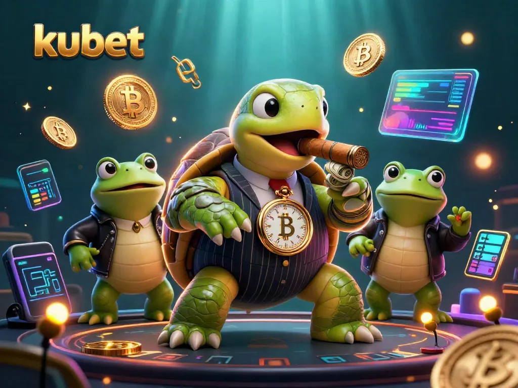 Kubet's vibrant casino illustration featuring a stylish snapping turtle and bullfrog enforcers exuding a rich, engaging atmosphere.