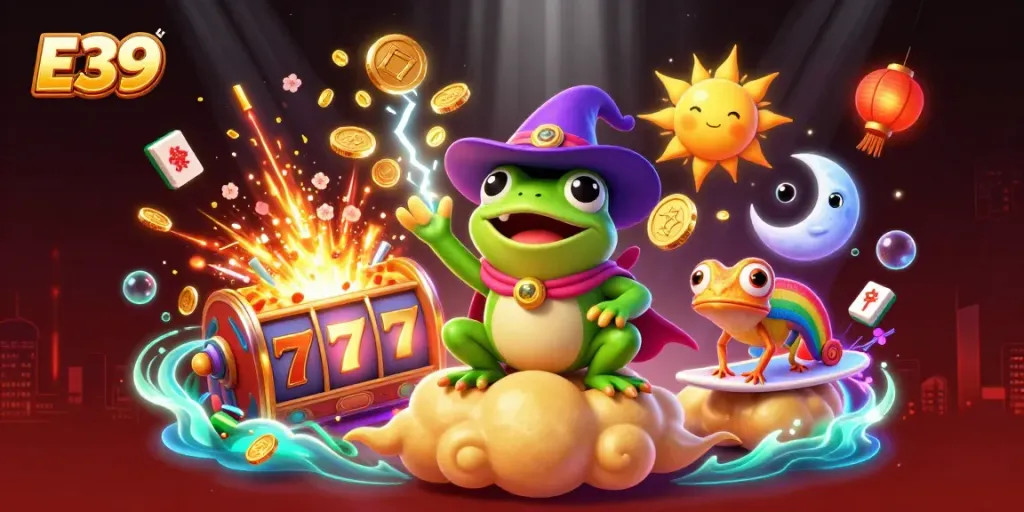 Engage with E39’s exciting slots as lightning coins storm around playful characters in a vibrant casino scene.