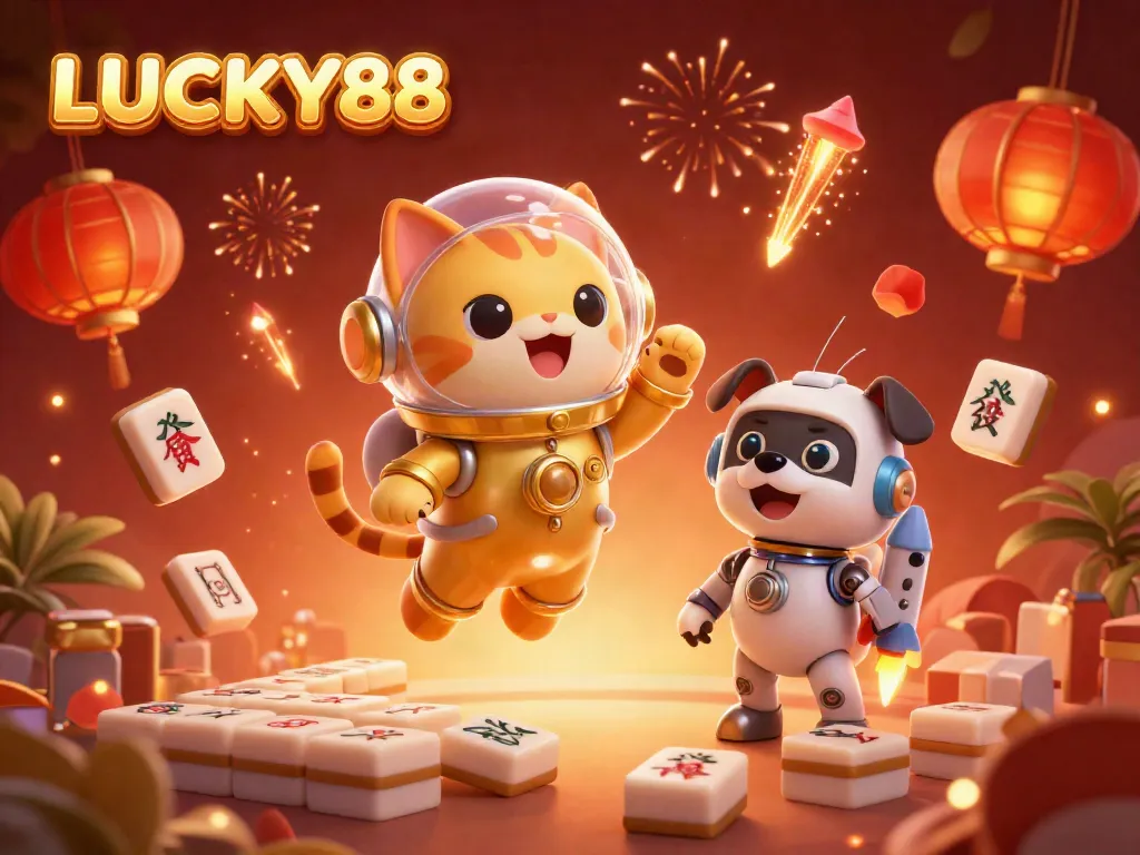 LUCKY88 introduces a thrilling atmosphere with a cartoon cat astronaut amidst vibrant casino elements.