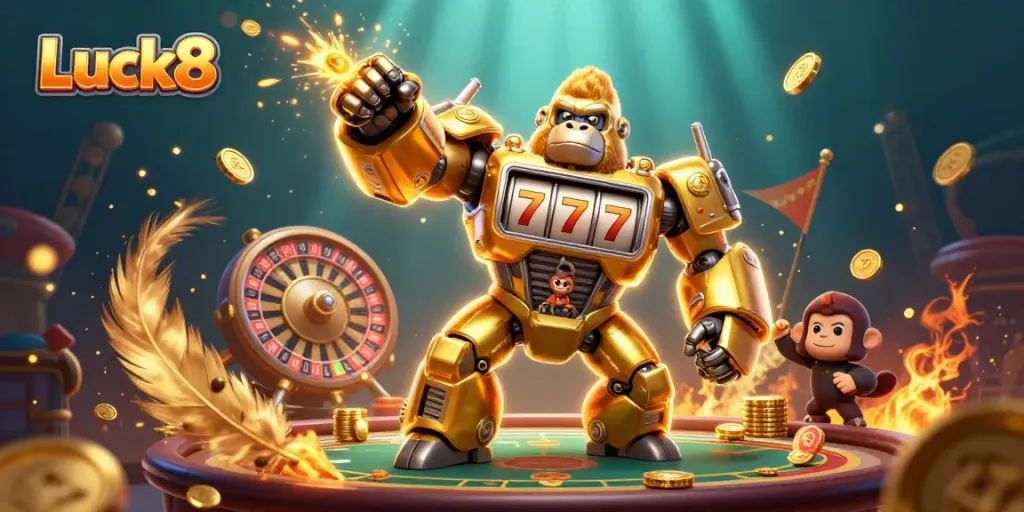 Experience thrilling casino action with Luck8's gorilla mech transforming slot game elements into gold.