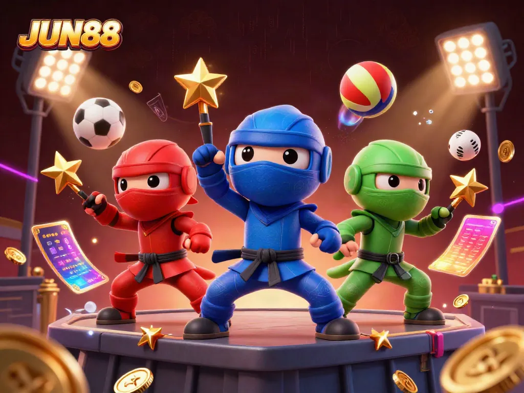 Win big with JUN88 as vibrant chameleon ninjas showcase strategic gaming moves in this action-packed casino scene.