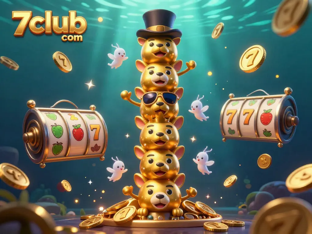Engage with 7club com through this vibrant casino-themed illustration showcasing animated totem characters and rich game elements.