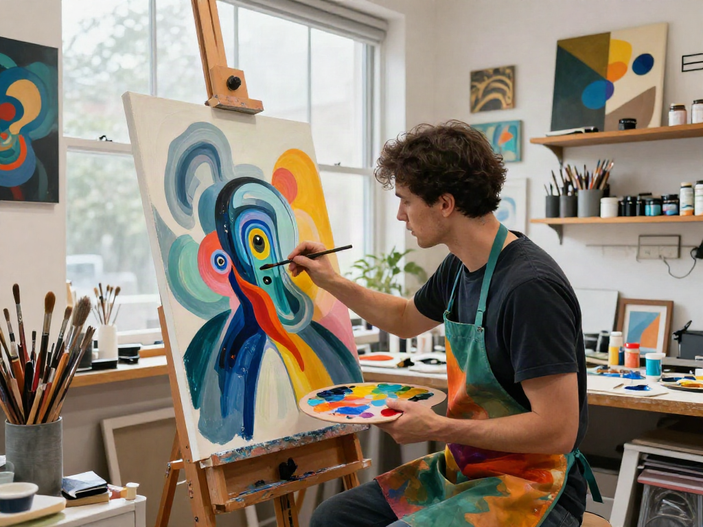 Artist creating vibrant abstract art integrating nsfw ai themes in a bright studio.
