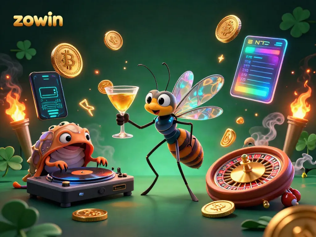 Experience the excitement of zowin with a dynamic casino mascot scene featuring unique elements.