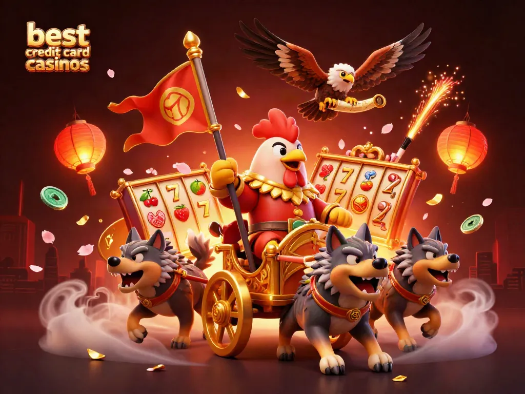 Experience the best credit card casinos with a dynamic casino-themed scene illustrating vibrant game elements and characters.