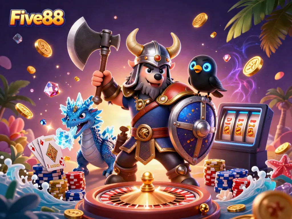 Experience fun gaming moments with Five88 as a Viking warrior and dragon take on casino excitement.
