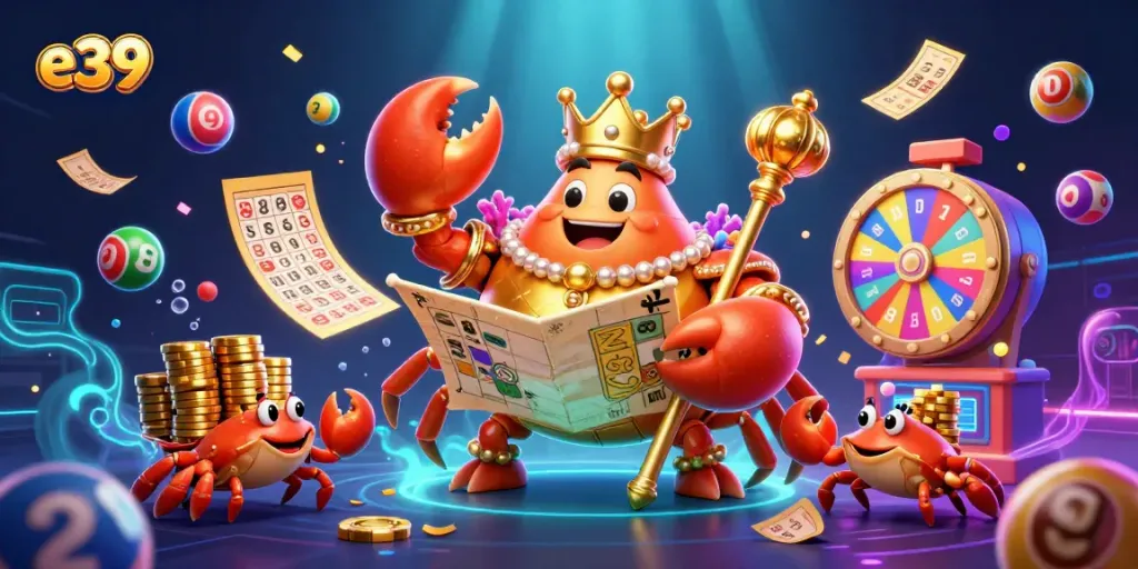 Experience thrilling games with e39, showcasing a cartoon crab emperor in a vibrant casino scene.