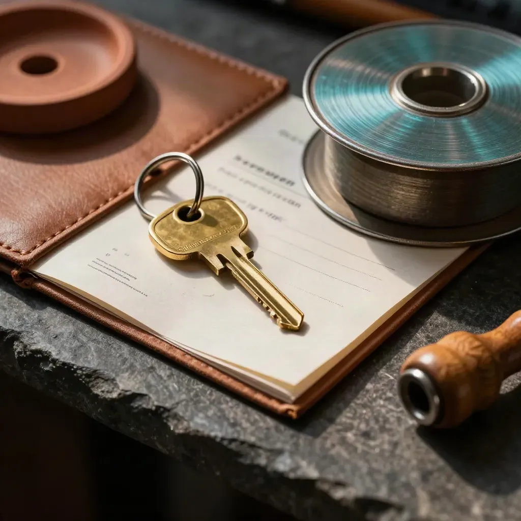 Brass key ring, receipt folder, tape reel and wooden pen cap on dark stone in warm low light.