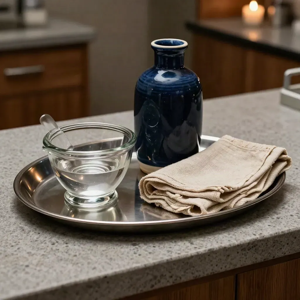 Clinic still life with glass mortar, ceramic bottle, linen cloth and a steel tray in dramatic light.