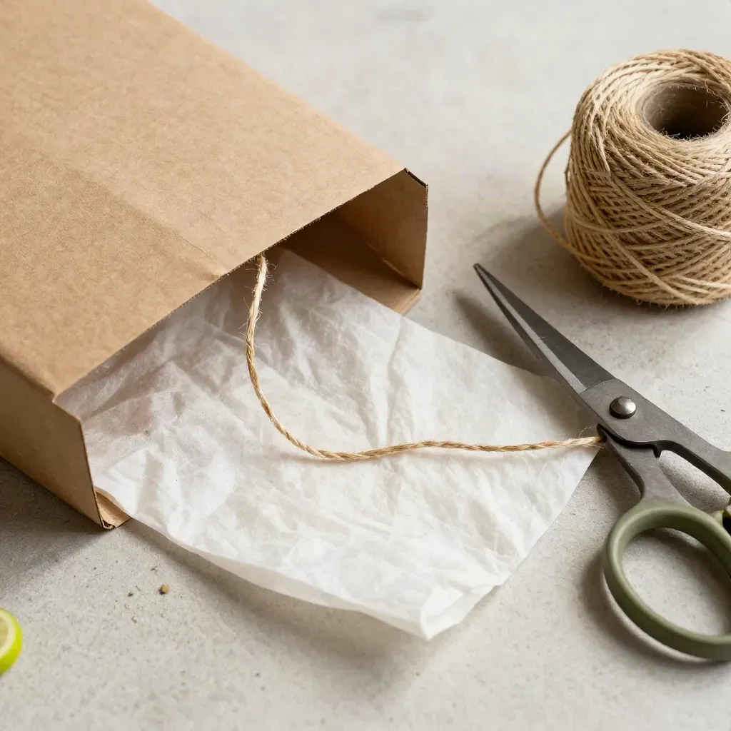 Overhead macro of packing materials on pale concrete with soft directional light.