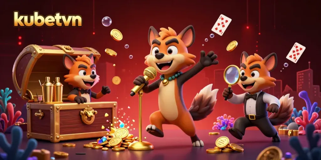 Experience laughter at kubetvn's comedy casino scene with hyenas, treasures, and games.