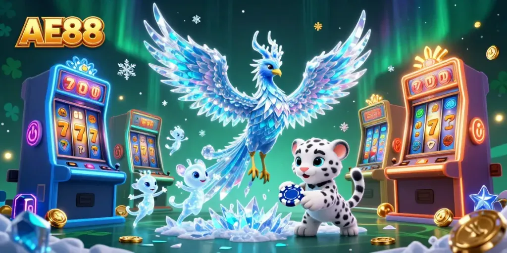 Engage with thrilling AE88 casino gameplay featuring a magical ice phoenix and sparkling visuals.
