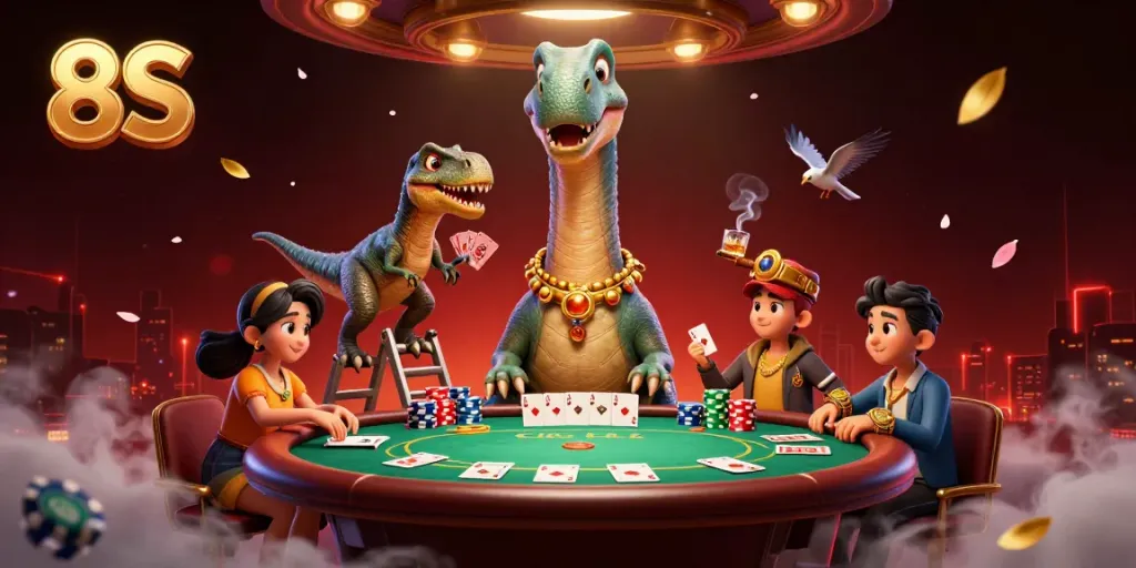 Experience the unique charm of 8S through a vibrant casino scene with whimsical characters.