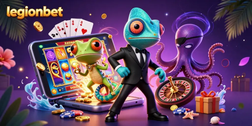 Experience the excitement of legionbet casino with vibrant games and characters in a dynamic scene.