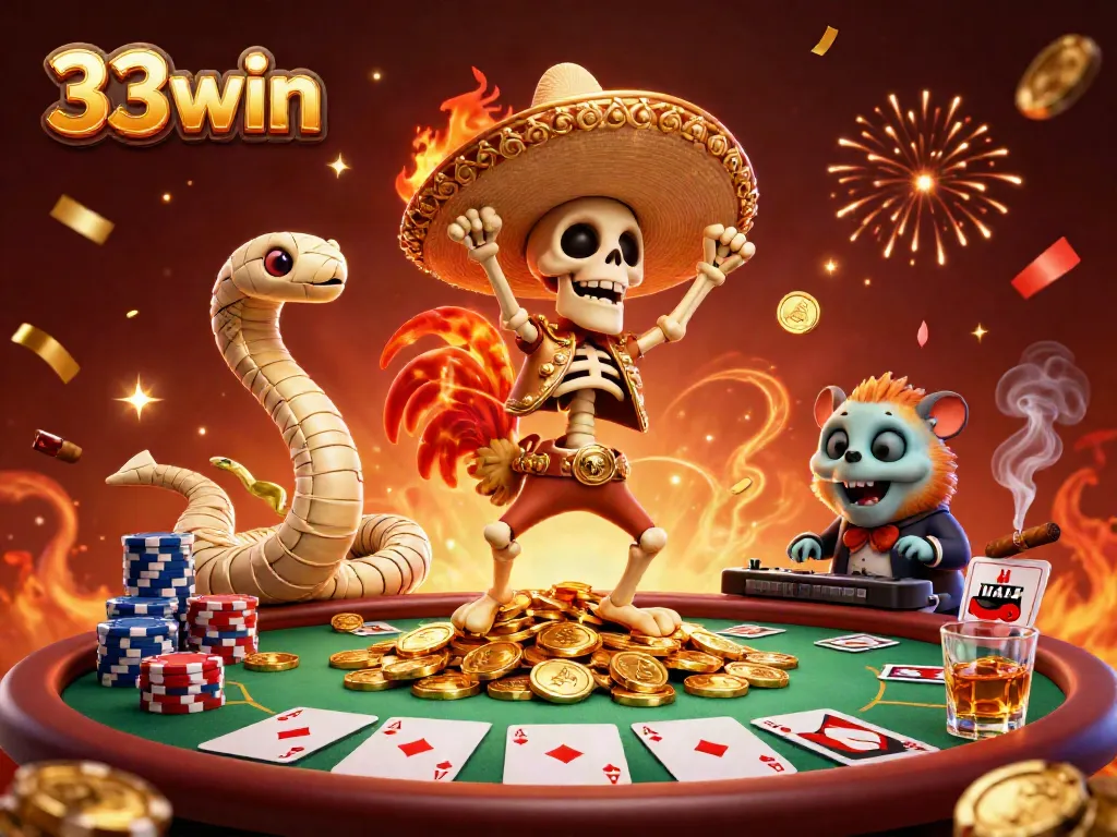 Experience thrilling victory at 33win with vibrant characters dancing atop gold coins amid poker elements.
