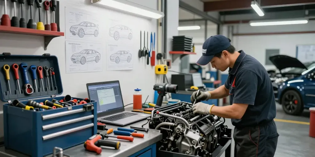 Mechanic using hazet tools on car engine in professional workshop environment.