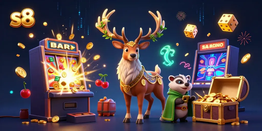 Experience thrilling gaming adventures with s8's captivating 3D illustration featuring a druid stag and wise badger amidst vibrant casino elements.