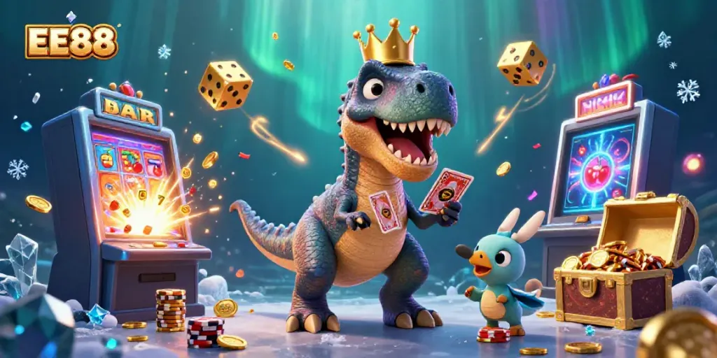 Join the fun at EE88 with lively casino characters, cards, and slot machines!