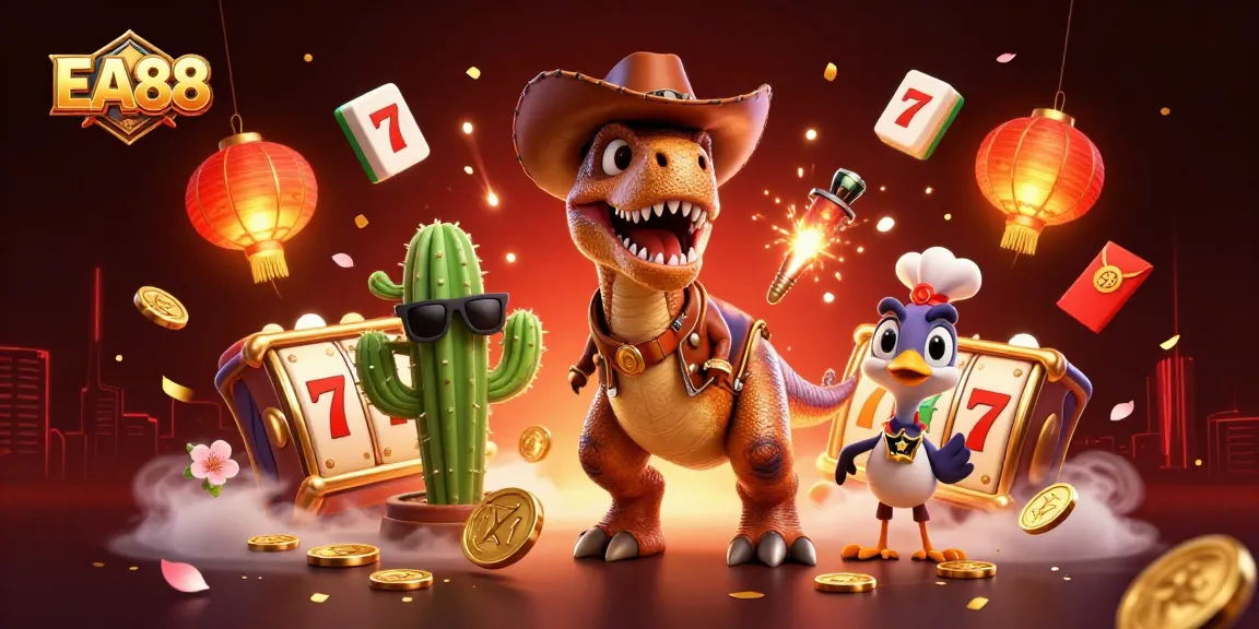 Enhance play at EA88 with a vibrant 3D scene showcasing a whimsical cowboy dinosaur surrounded by casino game elements.
