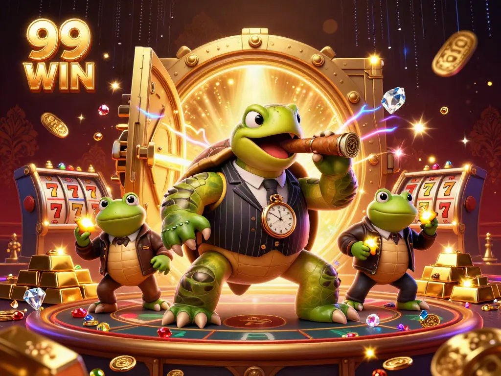 Experience the thrill of the 99 WIN casino with vibrant characters, treasure elements, and dynamic gaming symbols in a luxury setting.