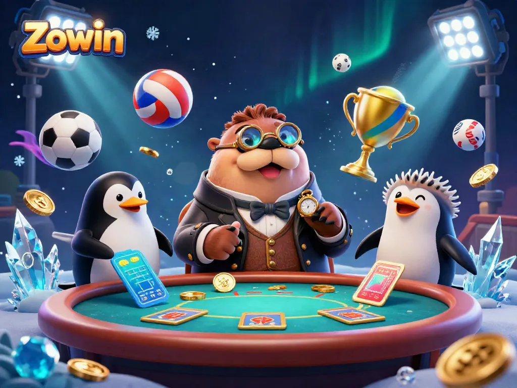 Zowin poker game illustration featuring a jolly walrus, penguin dealer, and bluffing pufferfish.