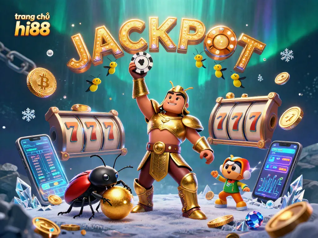 Experience the excitement at trang chủ hi88 with a victorious beetle lifting a poker chip and slot elements.