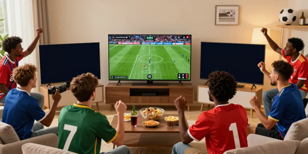 Football fans enjoying a live match on Gavangtv in a lively home setting.