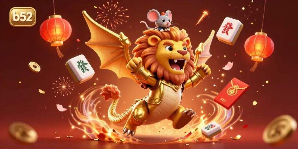 Experience thrilling gaming action at b52 with a triumphant golden chimera and vibrant casino elements.
