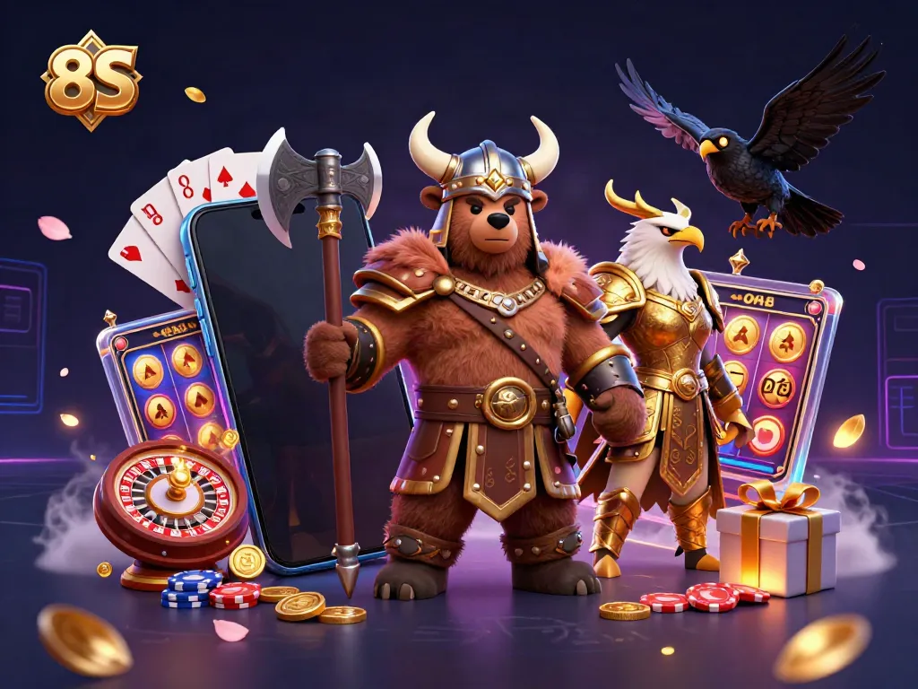 Experience the excitement of 8S with a vibrant scene featuring a Viking bear and Valkyrie amid spinning slots and golden coins.