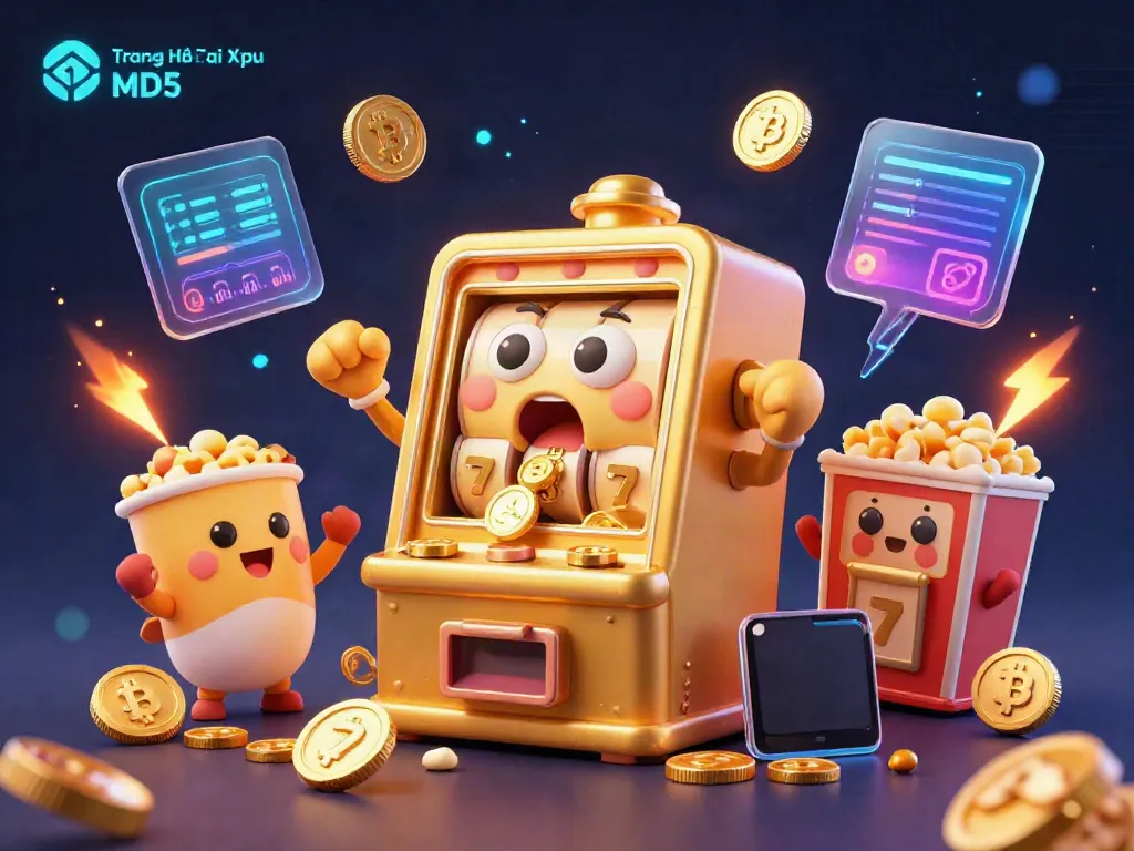 Experience thrills at Trang Chủ Tài Xỉu MD5, where slot machines celebrate jackpots with coins pouring out amidst vibrant crypto elements.