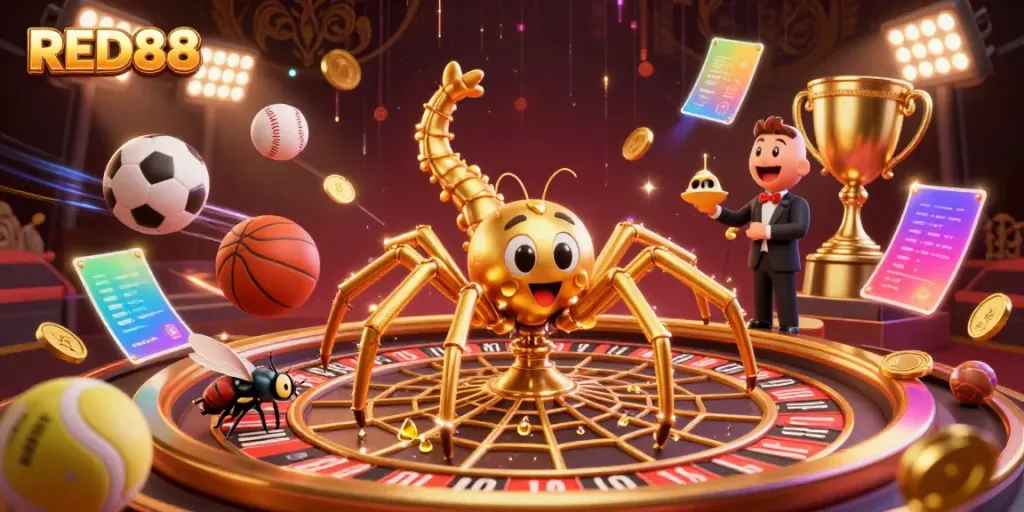 Experience the action at RED88 with a vibrant casino scene featuring a golden spider and sports betting elements.