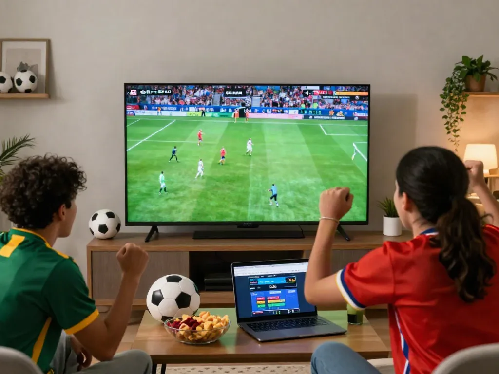 Soccer fans enjoying a thrilling game on Socolive with snacks and memorabilia in a lively living room.
