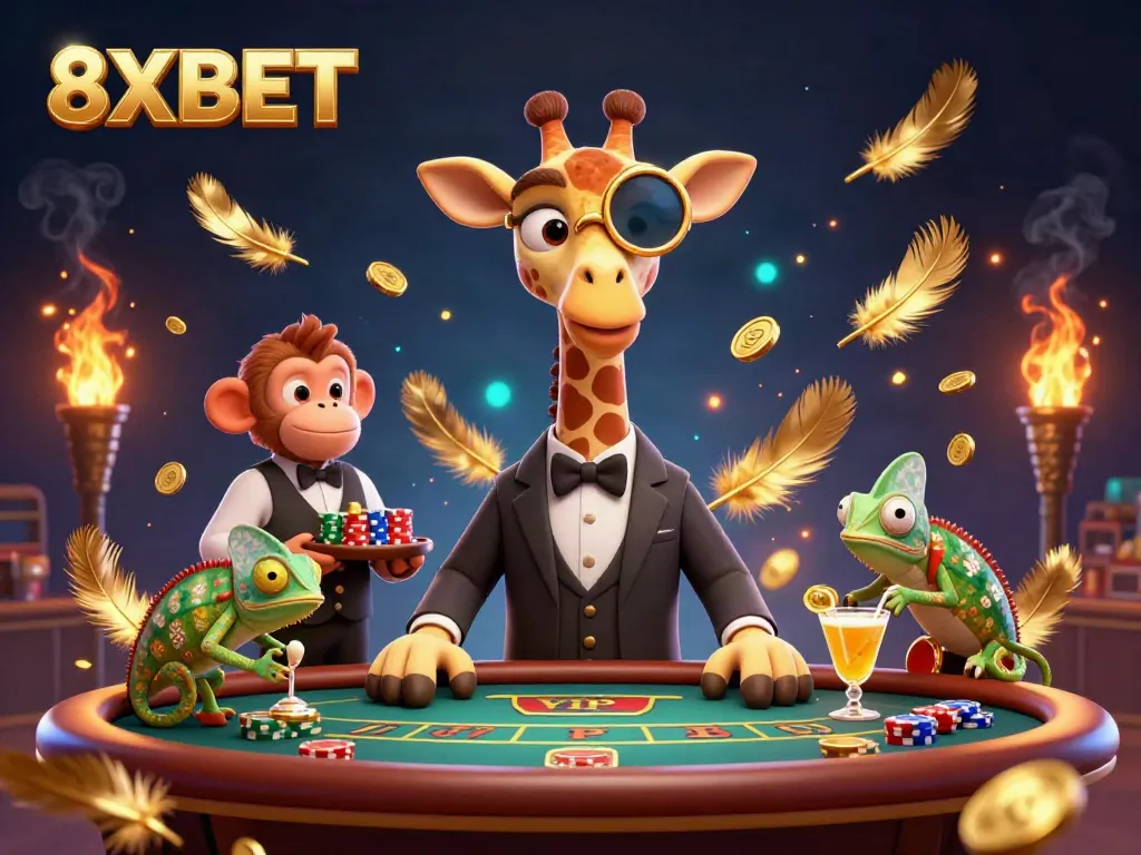 Experience thrilling gameplay with 8XBET in a vibrant casino scene featuring a high-roller giraffe.