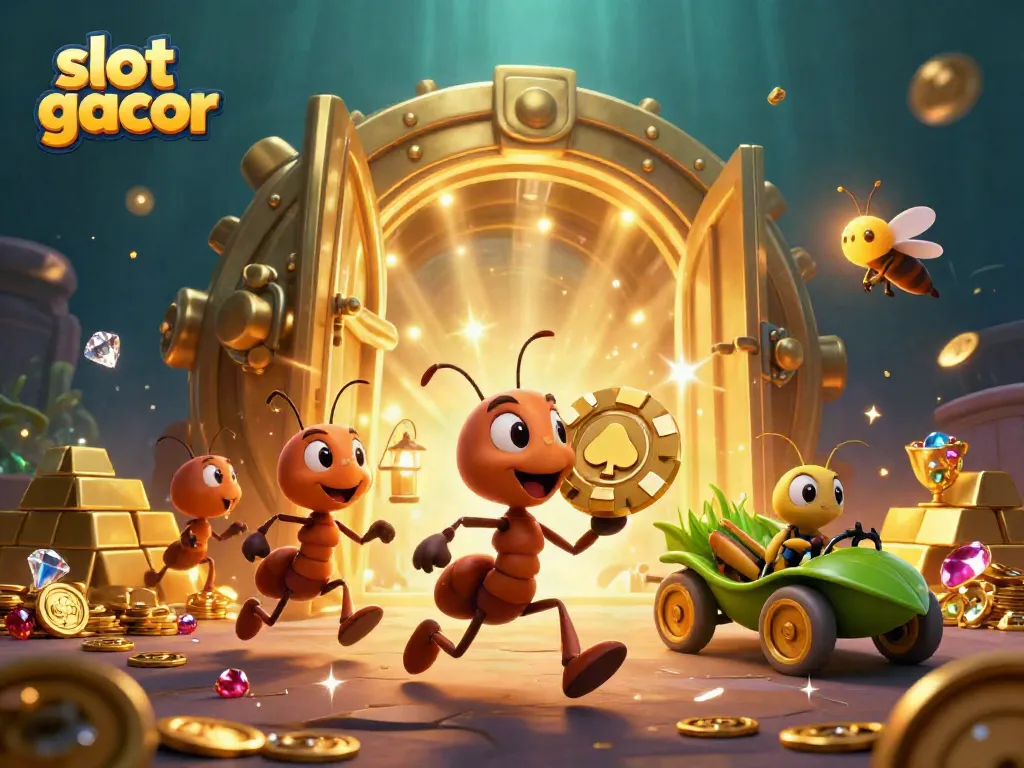 Engaging slot gacor image with ants heisting a giant poker chip and a firefly lookout, vibrant and dynamic.