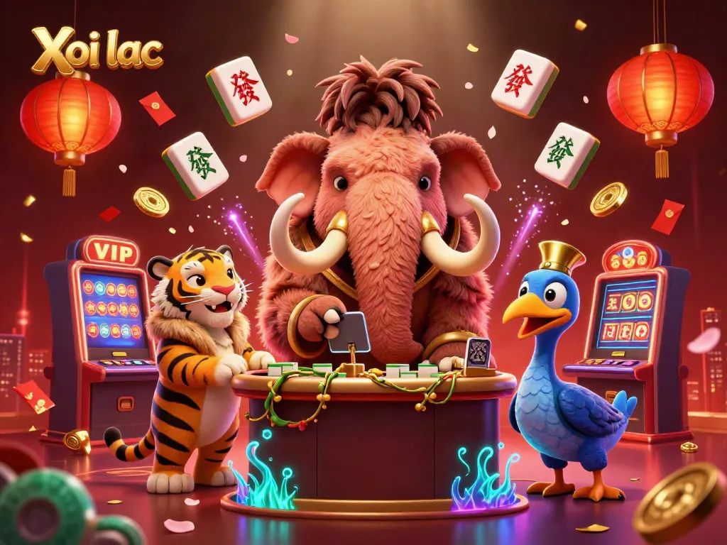 Xoi lac showcases a vibrant online casino scene with a mammoth bouncer, VIP saber-tooth guest, and dodo doorman amid dynamic gambling elements.