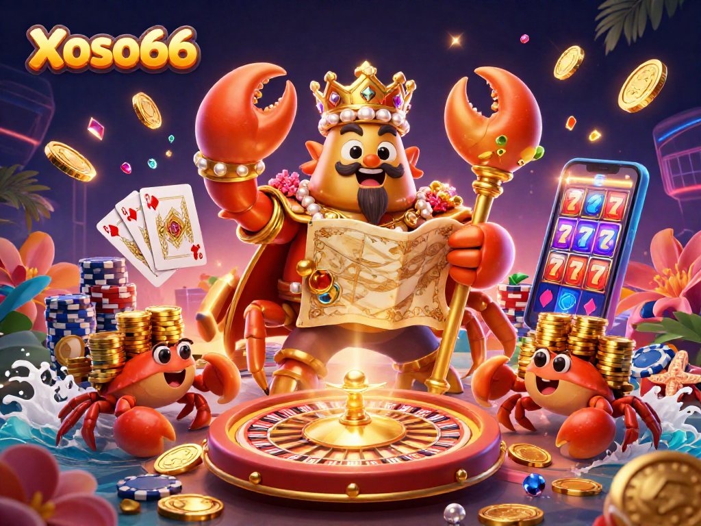 Play at Xoso66's underwater casino with a captivating golden crab emperor amidst treasures and games.